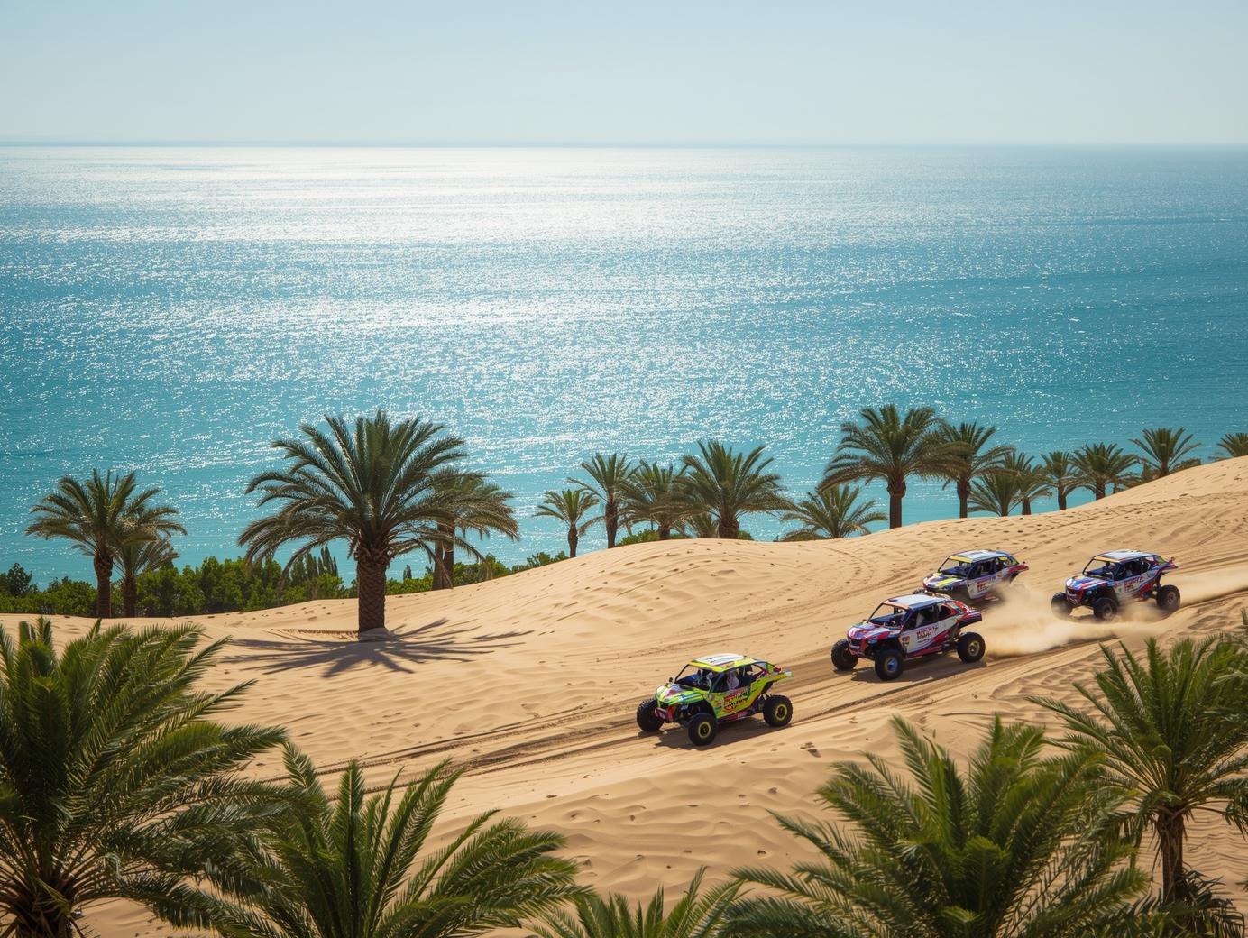 Dubai Desert Safaris and races with Ocean and coconut palms in the background