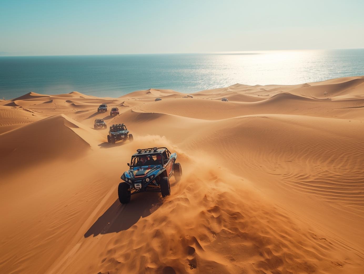Dubai Desert Safaris and races with Ocean in the background